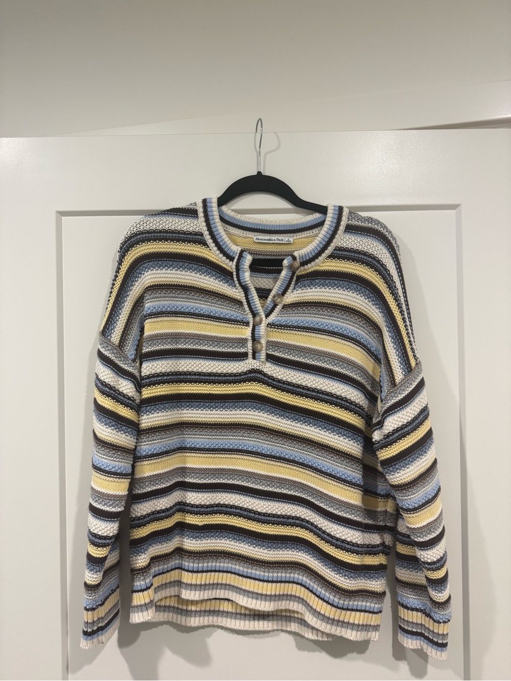 Abercrombie & Fitch Striped Henley Sweater in Yellow, Blue, Brown & White - Picture 3 of 3